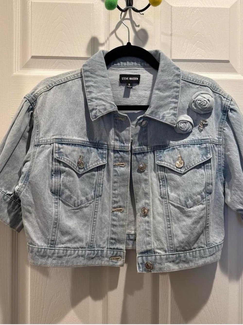 Steve Madden Pale Blue Cropped Denim Jacket with Floral Rosette